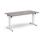 Rectangular folding leg table with white legs and straight foot rails 1600mm x 800mm - grey oak