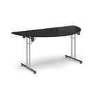 Semi circular folding leg table with chrome legs and straight foot rails 1600mm x 800mm - Black