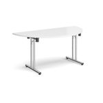 Semi circular folding leg table with chrome legs and straight foot rails 1600mm x 800mm - white