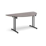 Semi circular folding leg table with black legs and straight foot rails 1600mm x 800mm - grey oak