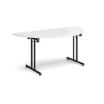 Semi circular folding leg table with black legs and straight foot rails 1600mm x 800mm - white