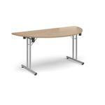 Semi circular folding leg table with silver legs and straight foot rails 1600mm x 800mm - Kendal Oak