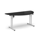 Semi circular folding leg table with white legs and straight foot rails 1600mm x 800mm - Black