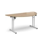 Semi circular folding leg table with white legs and straight foot rails 1600mm x 800mm - Kendal Oak