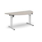 Semi circular folding leg table with white legs and straight foot rails 1600mm x 800mm - Light Grey