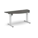 Semi circular folding leg table with white legs and straight foot rails 1600mm x 800mm - Onyx Grey