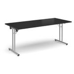 Rectangular folding leg table with silver legs and straight foot rails 1800mm x 800mm - Black