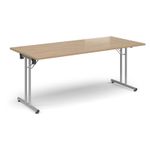 Rectangular folding leg table with silver legs and straight foot rails 1800mm x 800mm - Kendal Oak