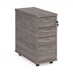 Tall slimline mobile 3 drawer pedestal with silver handles 600mm deep - grey oak