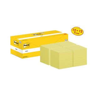 Post-it Notes 76x76mm 100 Sheets Canary Yellow VALUE PACK 12 + 12 FREE (Pack of 24) 654Y12+654Y12