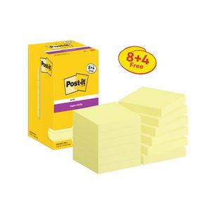 Post-it Super Sticky 76x76mm 90 Sheets Canary Yellow VALUE PACK 8 + 4 FREE (Pack of 12) 654-SSCY-P8+