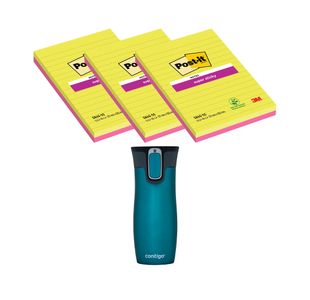 Post-It Super Sticky 101 x 152mm Lined Ultra (3 packs of 3 Pads) + FOC Contigo Travel Mug