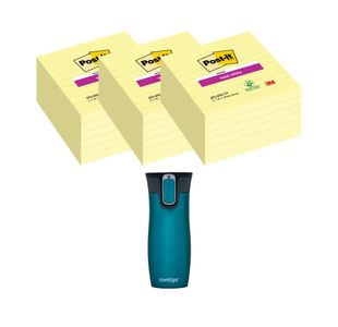 Post-It Super Sticky 101x101mm Lined Yellow 3x6 Pads (Pack of 18) + FOC Contigo Travel Mug