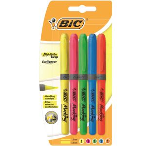 Bic Grip Highlighter Pen Chisel Tip 1.6-3.3mm Line Assorted Colours (Pack 5) - 824758
