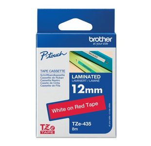Brother P-Touch TZe Lam Tape Cassette 12mm x 8m White on Red Tape TZE435