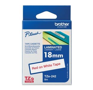 Brother P-Touch TZe Lam Tape Cassette 18mm x 8m Red on White Tape TZE242