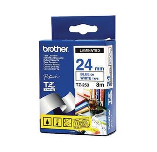 Brother P-Touch TZe Lam Tape Cassette 24mm x 8m Blue on White Tape TZE253