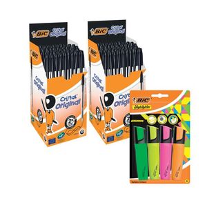 Bic Cristal Ballpoint Black Pack of 50 Buy 2 Get FOC Chisel Tip Assorted Highlighters