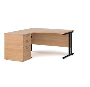 Maestro 25 left hand ergonomic desk 1400mm with black cantilever frame and desk high pedestal - beech