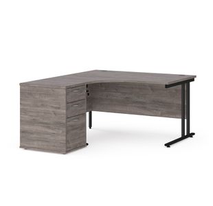 Maestro 25 left hand ergonomic desk 1400mm with black cantilever frame and desk high pedestal - grey oak