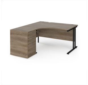 Maestro 25 left hand ergonomic desk 1400mm with black cantilever frame and desk high pedestal - Nebraska Oak