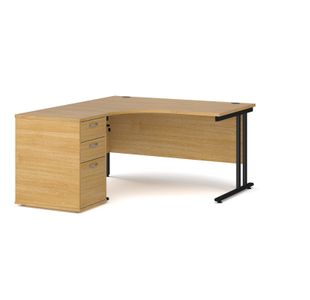 Maestro 25 left hand ergonomic desk 1400mm with black cantilever frame and desk high pedestal - oak