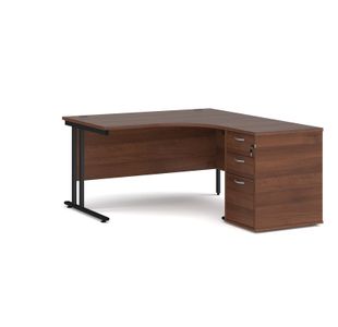 Maestro 25 right hand ergonomic desk 1400mm with black cantilever frame and desk high pedestal - walnut