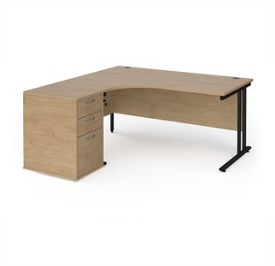 Maestro 25 left hand ergonomic desk 1600mm with black cantilever frame and desk high pedestal - Kendal Oak