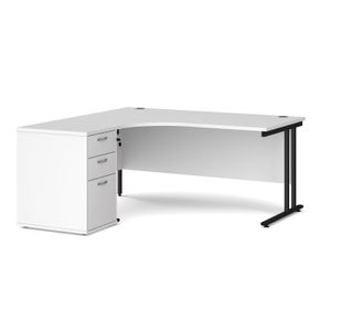 Maestro 25 left hand ergonomic desk 1600mm with black cantilever frame and desk high pedestal - white