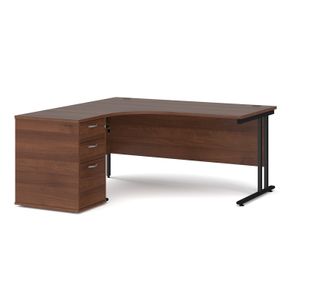 Maestro 25 left hand ergonomic desk 1600mm with black cantilever frame and desk high pedestal - walnut