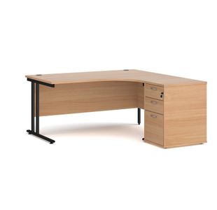 Maestro 25 right hand ergonomic desk 1600mm with black cantilever frame and desk high pedestal - beech