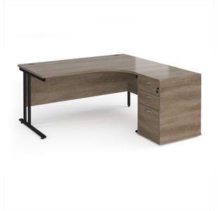 Maestro 25 right hand ergonomic desk 1600mm with black cantilever frame and desk high pedestal - Nebraska Oak