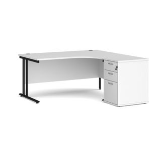Maestro 25 right hand ergonomic desk 1600mm with black cantilever frame and desk high pedestal - white
