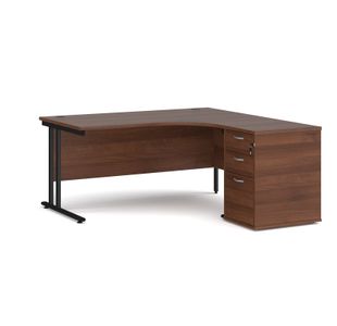 Maestro 25 right hand ergonomic desk 1600mm with black cantilever frame and desk high pedestal - walnut