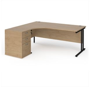 Maestro 25 left hand ergonomic desk 1800mm with black cantilever frame and desk high pedestal - Kendal Oak