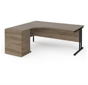 Maestro 25 left hand ergonomic desk 1800mm with black cantilever frame and desk high pedestal - Nebraska Oak