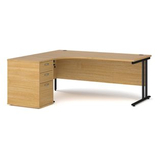 Maestro 25 left hand ergonomic desk 1800mm with black cantilever frame and desk high pedestal - oak