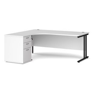 Maestro 25 left hand ergonomic desk 1800mm with black cantilever frame and desk high pedestal - white