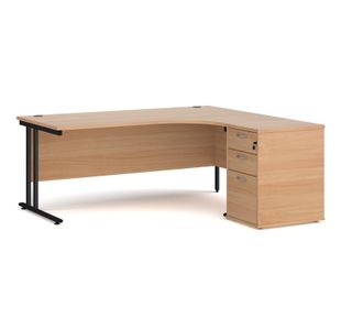 Maestro 25 right hand ergonomic desk 1800mm with black cantilever frame and desk high pedestal - beech