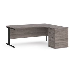 Maestro 25 right hand ergonomic desk 1800mm with black cantilever frame and desk high pedestal - grey oak