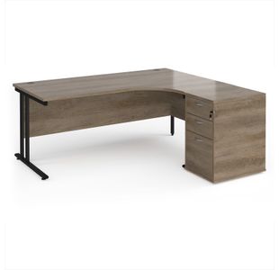 Maestro 25 right hand ergonomic desk 1800mm with black cantilever frame and desk high pedestal - Nebraska Oak