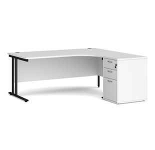 Maestro 25 right hand ergonomic desk 1800mm with black cantilever frame and desk high pedestal - white