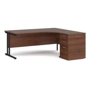 Maestro 25 right hand ergonomic desk 1800mm with black cantilever frame and desk high pedestal - walnut