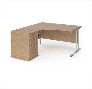 Maestro 25 left hand ergonomic desk 1400mm with silver cantilever frame and desk high pedestal - Kendal Oak