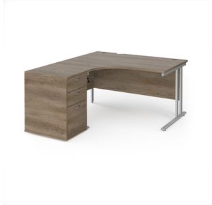 Maestro 25 left hand ergonomic desk 1400mm with silver cantilever frame and desk high pedestal - Nebraska Oak