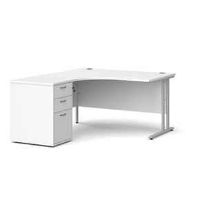 Maestro 25 left hand ergonomic desk 1400mm with silver cantilever frame and desk high pedestal - white