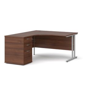 Maestro 25 left hand ergonomic desk 1400mm with silver cantilever frame and desk high pedestal - walnut