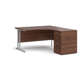 Maestro 25 right hand ergonomic desk 1400mm with silver cantilever frame and desk high pedestal - walnut