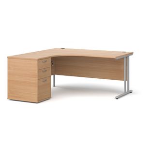 Maestro 25 left hand ergonomic desk 1600mm with silver cantilever frame and desk high pedestal - beech
