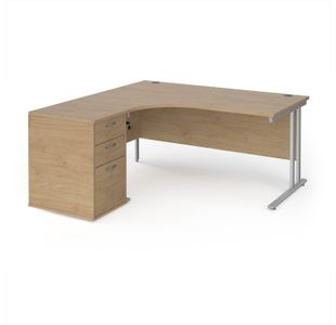 Maestro 25 left hand ergonomic desk 1600mm with silver cantilever frame and desk high pedestal - Kendal Oak